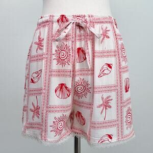 Como Red Seashell Lace Trim Beachy Coastal Drawstring Waist Flowy Shorts NWT